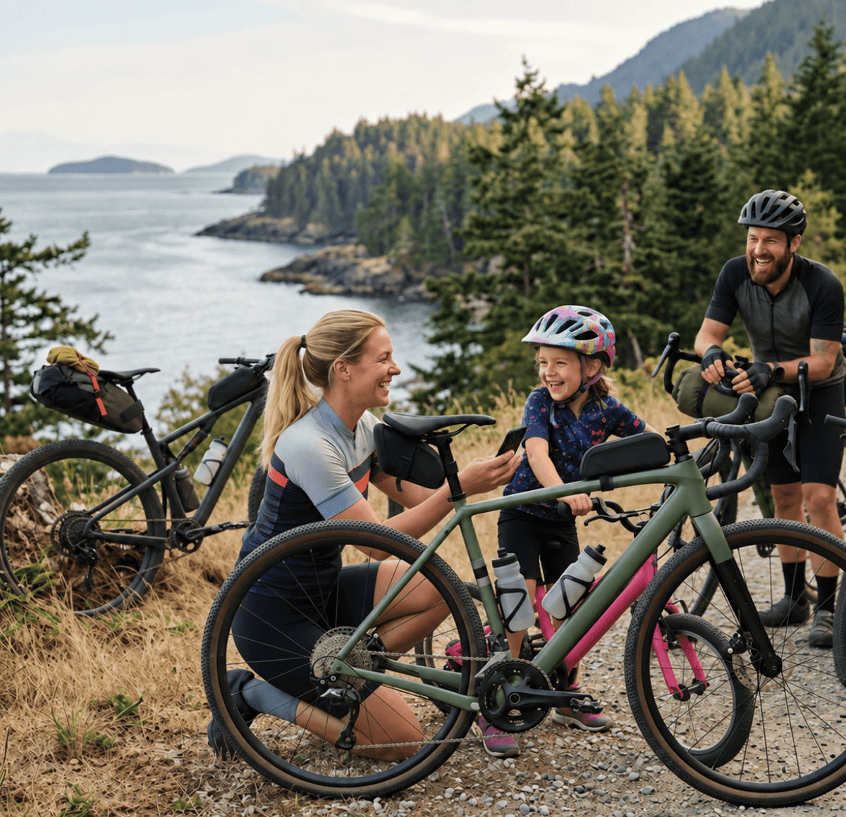 A family enjoying a bicycle ride together