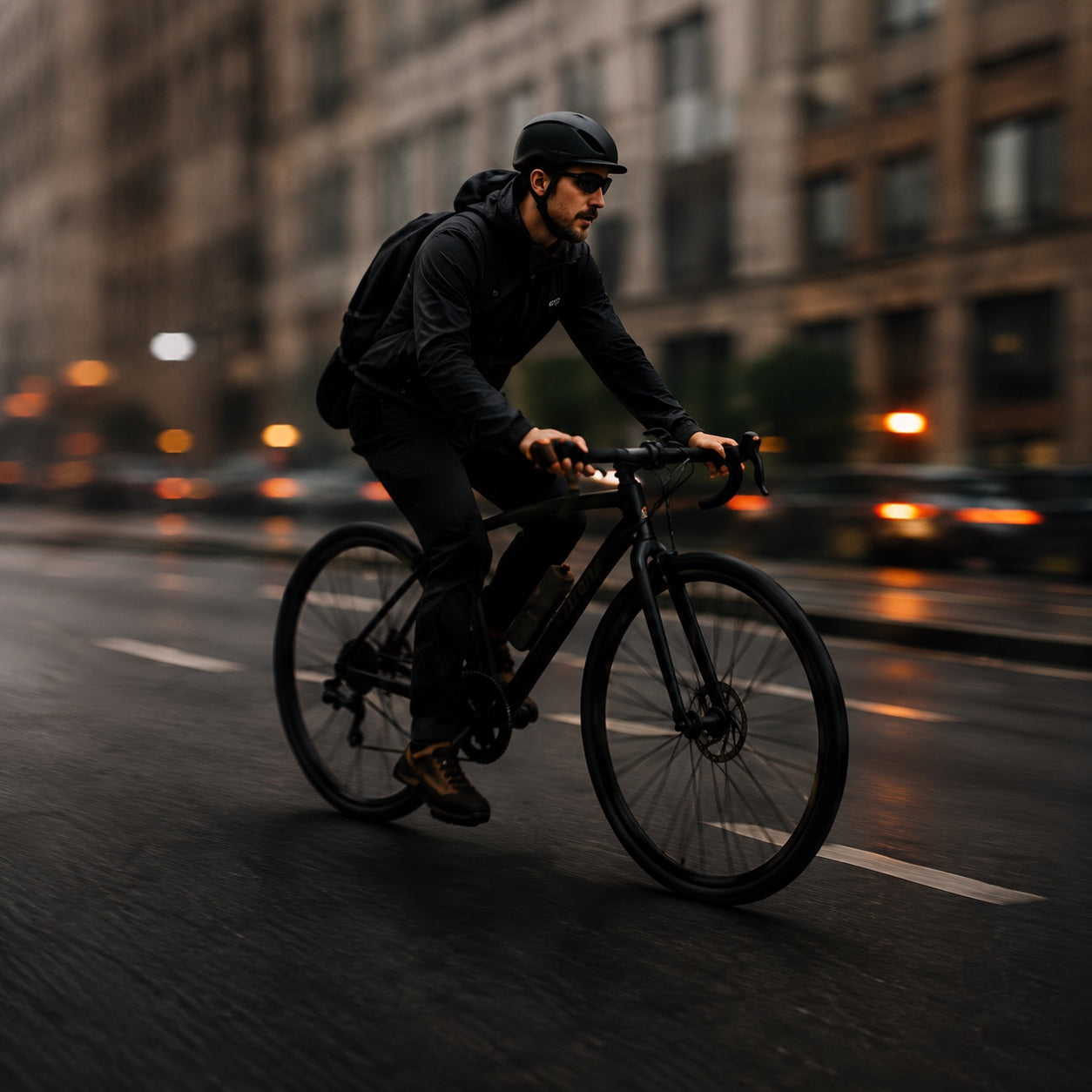Cyclist riding through a city